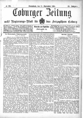 Coburger Zeitung Samstag 17. September 1892