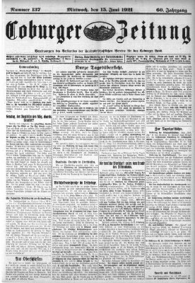 Coburger Zeitung Mittwoch 15. Juni 1921
