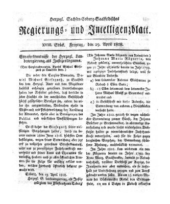 Herzogl.-Sachsen-Coburg-Saalfeldisches Regierungs- und Intelligenzblatt (Coburger Regierungs-Blatt) Freitag 29. April 1808
