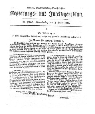 Herzogl.-Sachsen-Coburg-Saalfeldisches Regierungs- und Intelligenzblatt (Coburger Regierungs-Blatt) Samstag 14. März 1812