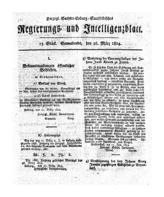 Herzogl.-Sachsen-Coburg-Saalfeldisches Regierungs- und Intelligenzblatt (Coburger Regierungs-Blatt) Samstag 26. März 1814