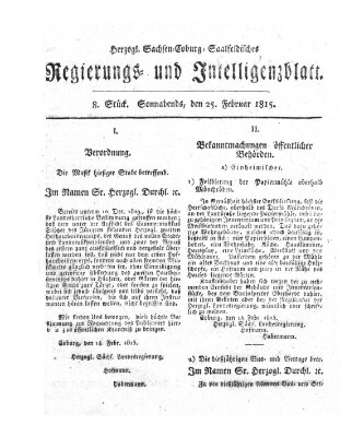 Herzogl.-Sachsen-Coburg-Saalfeldisches Regierungs- und Intelligenzblatt (Coburger Regierungs-Blatt) Samstag 25. Februar 1815
