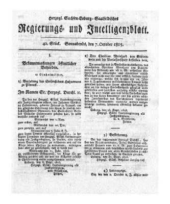Herzogl.-Sachsen-Coburg-Saalfeldisches Regierungs- und Intelligenzblatt (Coburger Regierungs-Blatt) Samstag 7. Oktober 1815