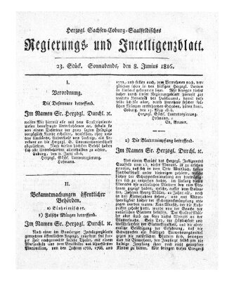 Herzogl.-Sachsen-Coburg-Saalfeldisches Regierungs- und Intelligenzblatt (Coburger Regierungs-Blatt) Samstag 8. Juni 1816