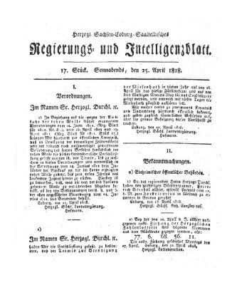 Herzogl.-Sachsen-Coburg-Saalfeldisches Regierungs- und Intelligenzblatt (Coburger Regierungs-Blatt) Samstag 25. April 1818
