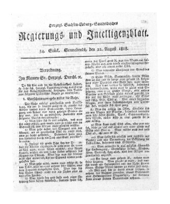 Herzogl.-Sachsen-Coburg-Saalfeldisches Regierungs- und Intelligenzblatt (Coburger Regierungs-Blatt) Samstag 22. August 1818