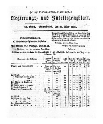Herzogl.-Sachsen-Coburg-Saalfeldisches Regierungs- und Intelligenzblatt (Coburger Regierungs-Blatt) Samstag 22. Mai 1819
