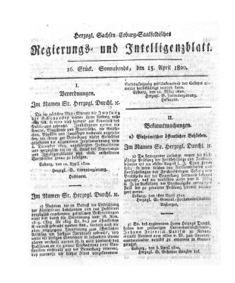 Herzogl.-Sachsen-Coburg-Saalfeldisches Regierungs- und Intelligenzblatt (Coburger Regierungs-Blatt) Samstag 15. April 1820
