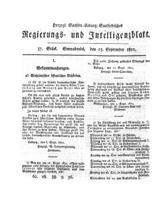Herzogl.-Sachsen-Coburg-Saalfeldisches Regierungs- und Intelligenzblatt (Coburger Regierungs-Blatt) Samstag 15. September 1821