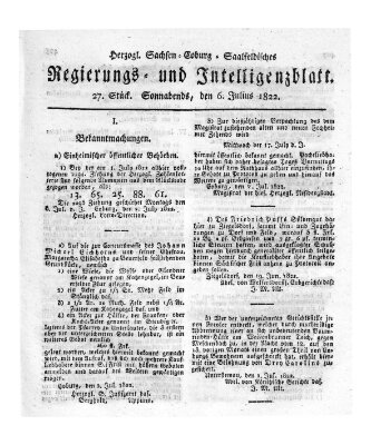 Herzogl.-Sachsen-Coburg-Saalfeldisches Regierungs- und Intelligenzblatt (Coburger Regierungs-Blatt) Samstag 6. Juli 1822