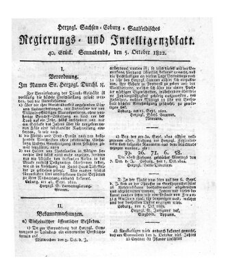 Herzogl.-Sachsen-Coburg-Saalfeldisches Regierungs- und Intelligenzblatt (Coburger Regierungs-Blatt) Samstag 5. Oktober 1822
