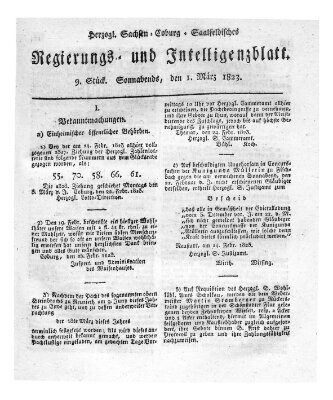 Herzogl.-Sachsen-Coburg-Saalfeldisches Regierungs- und Intelligenzblatt (Coburger Regierungs-Blatt) Samstag 1. März 1823