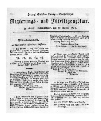 Herzogl.-Sachsen-Coburg-Saalfeldisches Regierungs- und Intelligenzblatt (Coburger Regierungs-Blatt) Samstag 30. August 1823