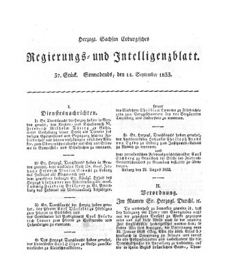 Herzogl.-Sachsen-Coburgisches Regierungs- und Intelligenzblatt (Coburger Regierungs-Blatt) Samstag 14. September 1833