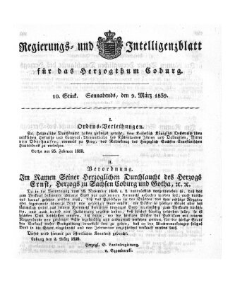Regierungs- und Intelligenzblatt für das Herzogtum Coburg (Coburger Regierungs-Blatt) Samstag 9. März 1839