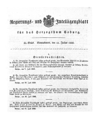 Regierungs- und Intelligenzblatt für das Herzogtum Coburg (Coburger Regierungs-Blatt) Samstag 25. Juli 1840