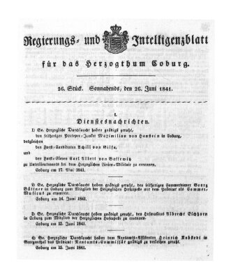 Regierungs- und Intelligenzblatt für das Herzogtum Coburg (Coburger Regierungs-Blatt) Samstag 26. Juni 1841