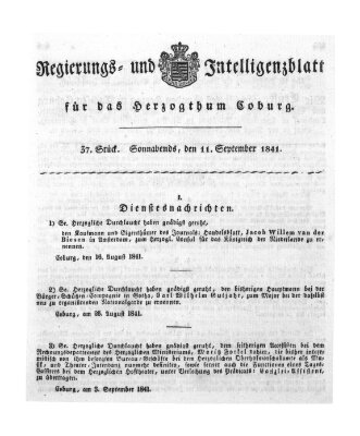 Regierungs- und Intelligenzblatt für das Herzogtum Coburg (Coburger Regierungs-Blatt) Samstag 11. September 1841