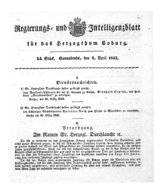 Regierungs- und Intelligenzblatt für das Herzogtum Coburg (Coburger Regierungs-Blatt) Samstag 8. April 1843