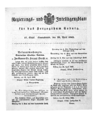 Regierungs- und Intelligenzblatt für das Herzogtum Coburg (Coburger Regierungs-Blatt) Samstag 29. April 1843