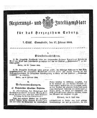 Regierungs- und Intelligenzblatt für das Herzogtum Coburg (Coburger Regierungs-Blatt) Samstag 17. Februar 1844