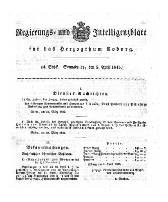 Regierungs- und Intelligenzblatt für das Herzogtum Coburg (Coburger Regierungs-Blatt) Samstag 5. April 1845