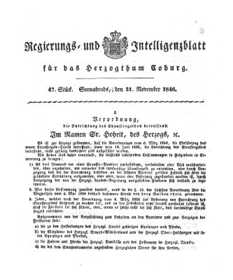 Regierungs- und Intelligenzblatt für das Herzogtum Coburg (Coburger Regierungs-Blatt) Samstag 21. November 1846