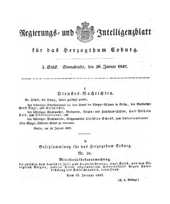 Regierungs- und Intelligenzblatt für das Herzogtum Coburg (Coburger Regierungs-Blatt) Samstag 30. Januar 1847