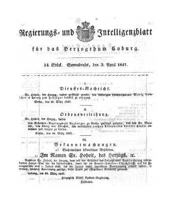 Regierungs- und Intelligenzblatt für das Herzogtum Coburg (Coburger Regierungs-Blatt) Samstag 3. April 1847