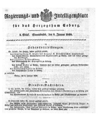 Regierungs- und Intelligenzblatt für das Herzogtum Coburg (Coburger Regierungs-Blatt) Samstag 8. Januar 1848