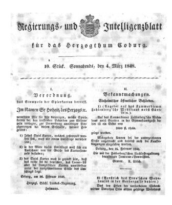 Regierungs- und Intelligenzblatt für das Herzogtum Coburg (Coburger Regierungs-Blatt) Samstag 4. März 1848