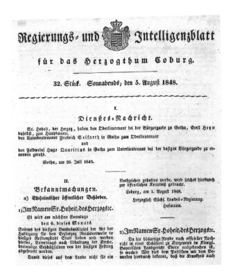 Regierungs- und Intelligenzblatt für das Herzogtum Coburg (Coburger Regierungs-Blatt) Samstag 5. August 1848