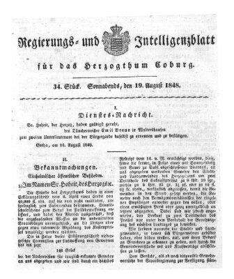 Regierungs- und Intelligenzblatt für das Herzogtum Coburg (Coburger Regierungs-Blatt) Samstag 19. August 1848