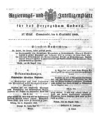 Regierungs- und Intelligenzblatt für das Herzogtum Coburg (Coburger Regierungs-Blatt) Samstag 9. September 1848