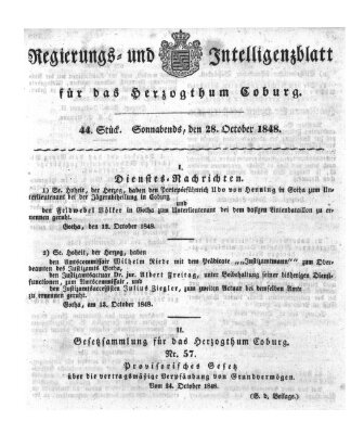 Regierungs- und Intelligenzblatt für das Herzogtum Coburg (Coburger Regierungs-Blatt) Samstag 28. Oktober 1848