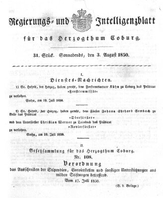Regierungs- und Intelligenzblatt für das Herzogtum Coburg (Coburger Regierungs-Blatt) Samstag 3. August 1850