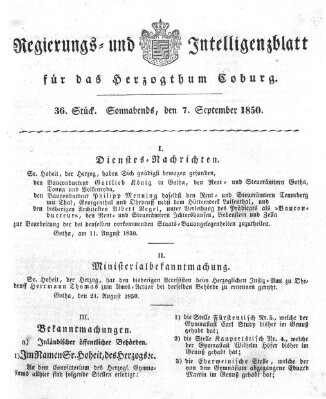Regierungs- und Intelligenzblatt für das Herzogtum Coburg (Coburger Regierungs-Blatt) Samstag 7. September 1850