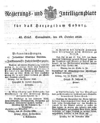 Regierungs- und Intelligenzblatt für das Herzogtum Coburg (Coburger Regierungs-Blatt) Samstag 19. Oktober 1850