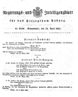 Regierungs- und Intelligenzblatt für das Herzogtum Coburg (Coburger Regierungs-Blatt) Samstag 12. April 1851