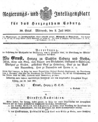 Regierungs- und Intelligenzblatt für das Herzogtum Coburg (Coburger Regierungs-Blatt) Mittwoch 2. Juli 1851