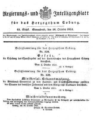 Regierungs- und Intelligenzblatt für das Herzogtum Coburg (Coburger Regierungs-Blatt) Samstag 18. Oktober 1851