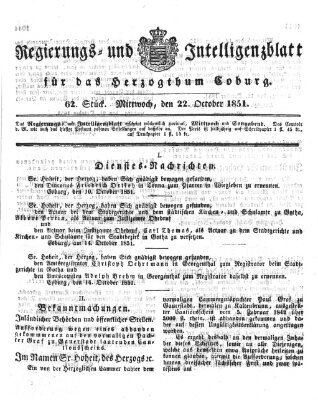 Regierungs- und Intelligenzblatt für das Herzogtum Coburg (Coburger Regierungs-Blatt) Mittwoch 22. Oktober 1851
