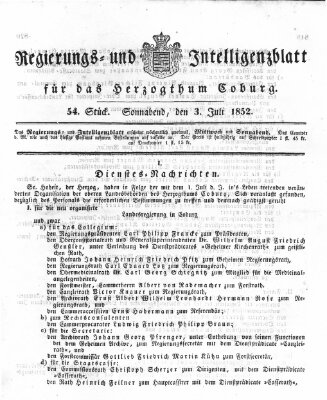 Regierungs- und Intelligenzblatt für das Herzogtum Coburg (Coburger Regierungs-Blatt) Samstag 3. Juli 1852