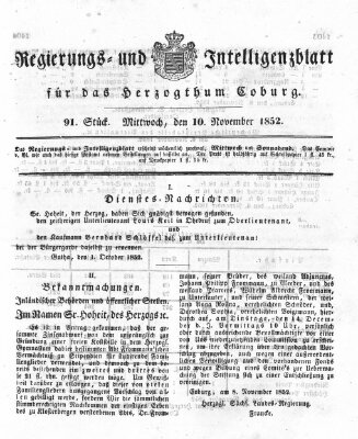 Regierungs- und Intelligenzblatt für das Herzogtum Coburg (Coburger Regierungs-Blatt) Mittwoch 10. November 1852