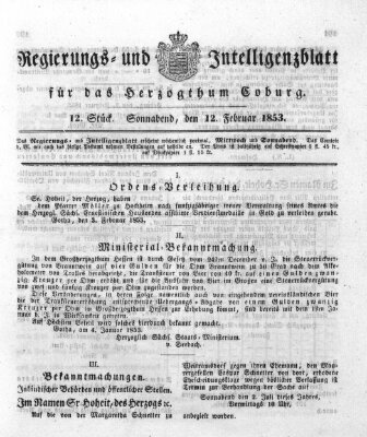 Regierungs- und Intelligenzblatt für das Herzogtum Coburg (Coburger Regierungs-Blatt) Samstag 12. Februar 1853