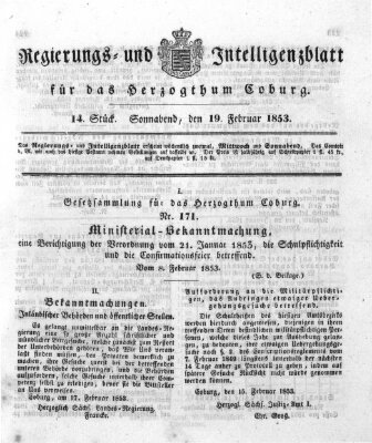 Regierungs- und Intelligenzblatt für das Herzogtum Coburg (Coburger Regierungs-Blatt) Samstag 19. Februar 1853