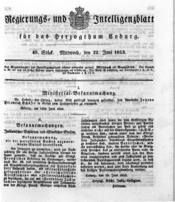 Regierungs- und Intelligenzblatt für das Herzogtum Coburg (Coburger Regierungs-Blatt) Mittwoch 22. Juni 1853
