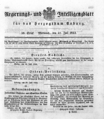 Regierungs- und Intelligenzblatt für das Herzogtum Coburg (Coburger Regierungs-Blatt) Mittwoch 27. Juli 1853