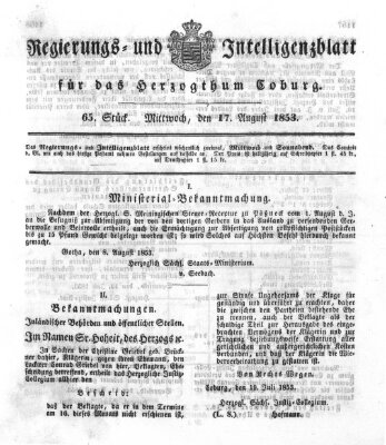 Regierungs- und Intelligenzblatt für das Herzogtum Coburg (Coburger Regierungs-Blatt) Mittwoch 17. August 1853