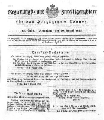 Regierungs- und Intelligenzblatt für das Herzogtum Coburg (Coburger Regierungs-Blatt) Samstag 20. August 1853